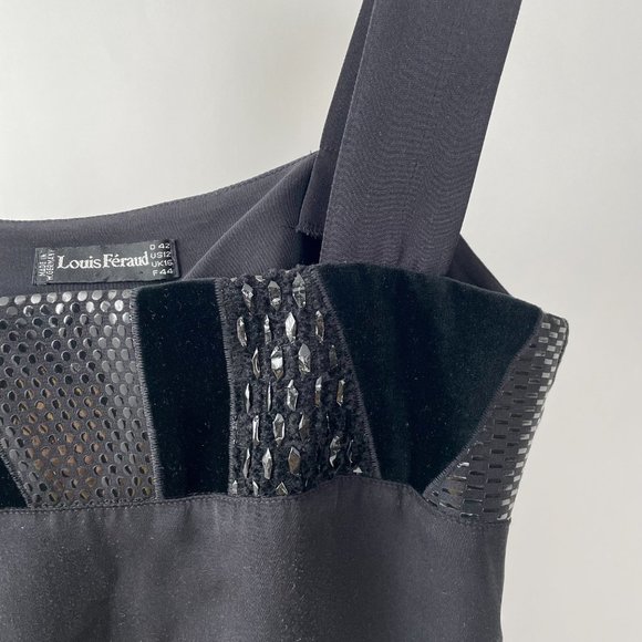 Vintage Louis Feraud Black Silk Square Neck Tank Top, Velvet/Shiny Trim, Size 12 - Picture 4 of 8